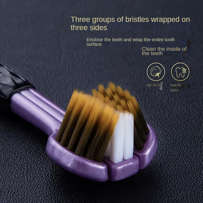2pcs Ergonomic Triple-Sided Soft Bristle Toothbrushes, Microfiber Bristles, Unscented Full-Head Manual Toothbrush Set, for Unisex-Adult Deep Clean & Gum Protection with Tongue Scraper