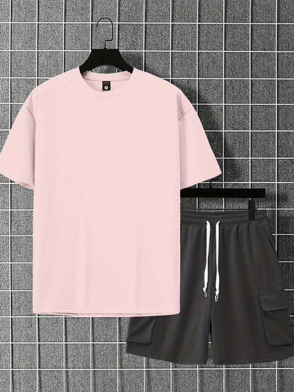 New Loose-Fitting Breathable Men'S Round Neck Short-Sleeved T-Shirt And Workwear Style Multi-Pocket Shorts Set Summer Leisure Sports Two-Piece Suit, Fashionable Sports Casual Versatile Tops And Pants for Men And Women
