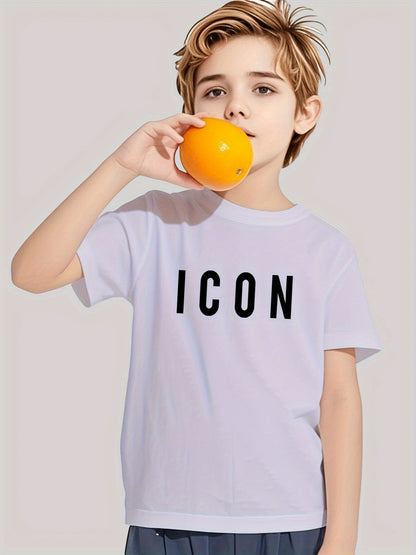 1pc Boys' "ICON" Graphic T-Shirt - Black Casual Summer Tee with Orange Design, 100% Polyester Breathable Fabric, Comfortable & Lightweight for Teens 12 & Under, Youth Sports Tshirt | Bold Graphic Tee | Comfortable Fit, Boy T