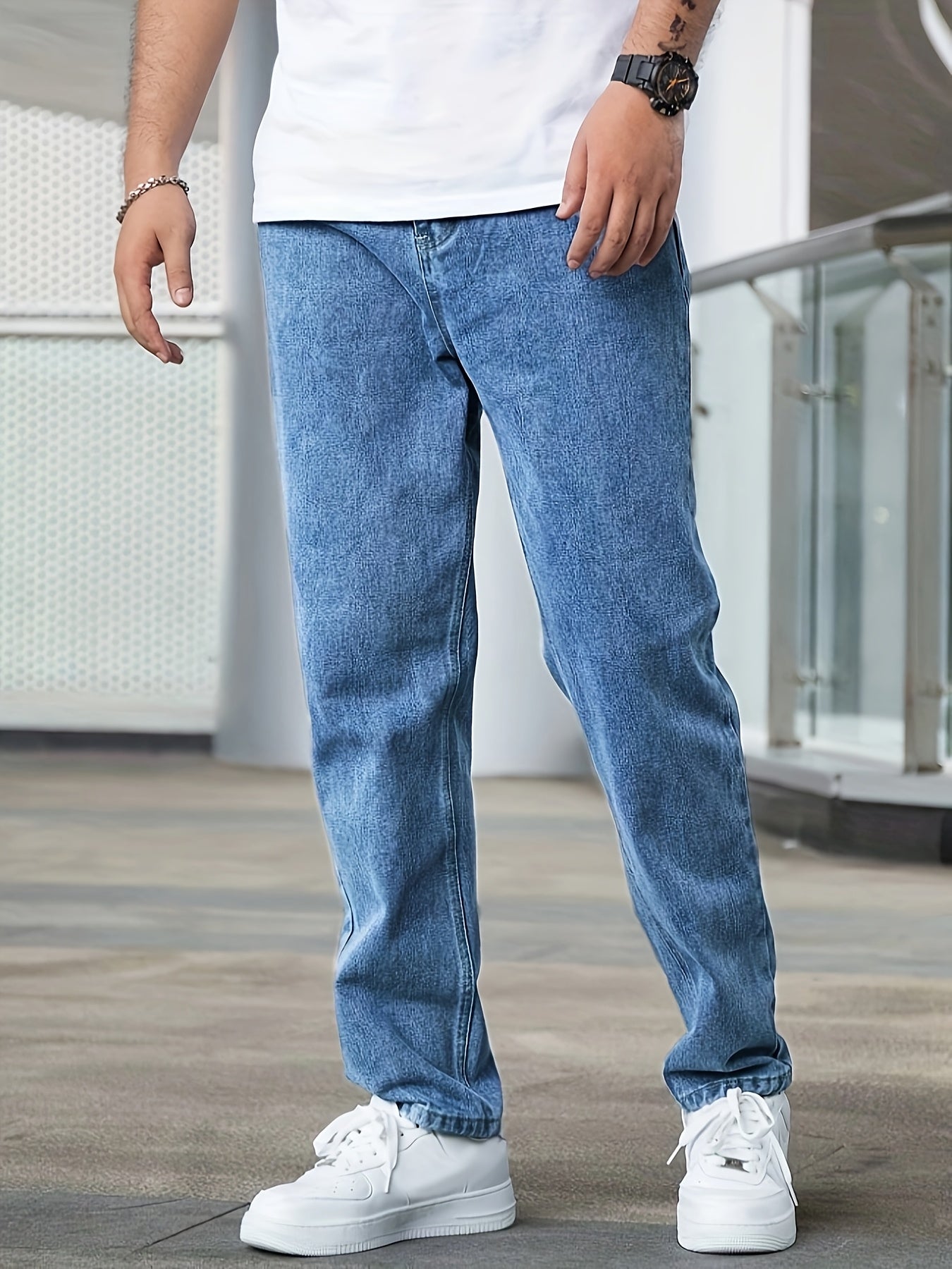 Men's Casual Stretch Denim Pants - Classic Regular Fit, Water-Washed Texture, All-Season Comfort, Machine Washable Solid Color Jeans for Casual Attire, Casual Casual Attire | Classic Blue Jeans | Easycare Jeans