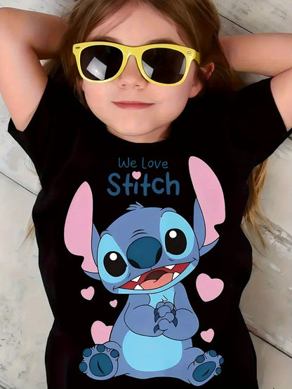 Youngsters' Stitch Cartoon Print T-Shirt - Pink Casual Summer Top with "We Love Stitch" Design, Soft & Breathable Knit Fabric, Round Neck, Machine Washable, Perfect for Youngsters' Playtime & Holidays, Youngsters'S Playtime S