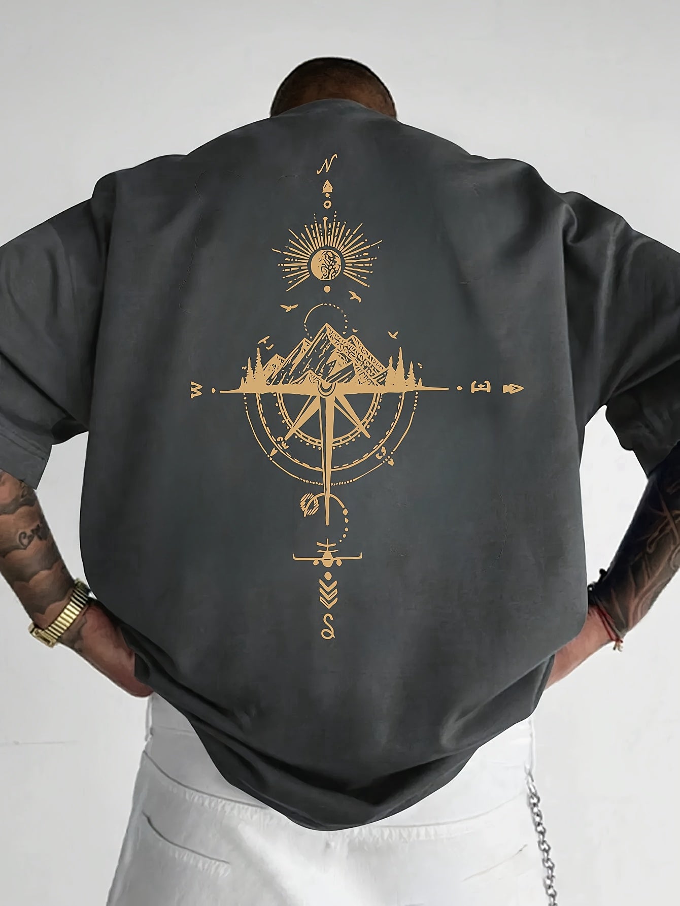 Men's Short Sleeve T-Shirt 100% Polyester Loose Fit Casual Round Neck Navy Blue with Golden Compass Rose Mountain Print - Summer Outdoor Adventure Graphic Tee, Modern Casual Top | Easy Care Clothing