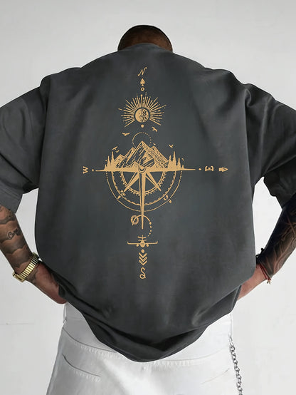 Men's Short Sleeve T-Shirt 100% Polyester Loose Fit Casual Round Neck Navy Blue with Golden Compass Rose Mountain Print - Summer Outdoor Adventure Graphic Tee, Modern Casual Top | Easy Care Clothing