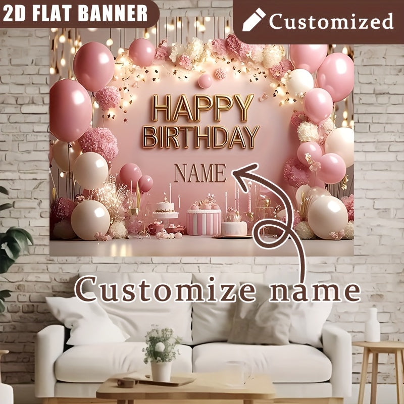 2D Flat, 1pc Customizable Princess-Themed Birthday Party Banner - Sparkling Pink Floral & Cake Design, Vinyl Inkjet Print, Personalized Name Option, Perfect for Wall Decor & Event Signage, Birthday Party Decorations