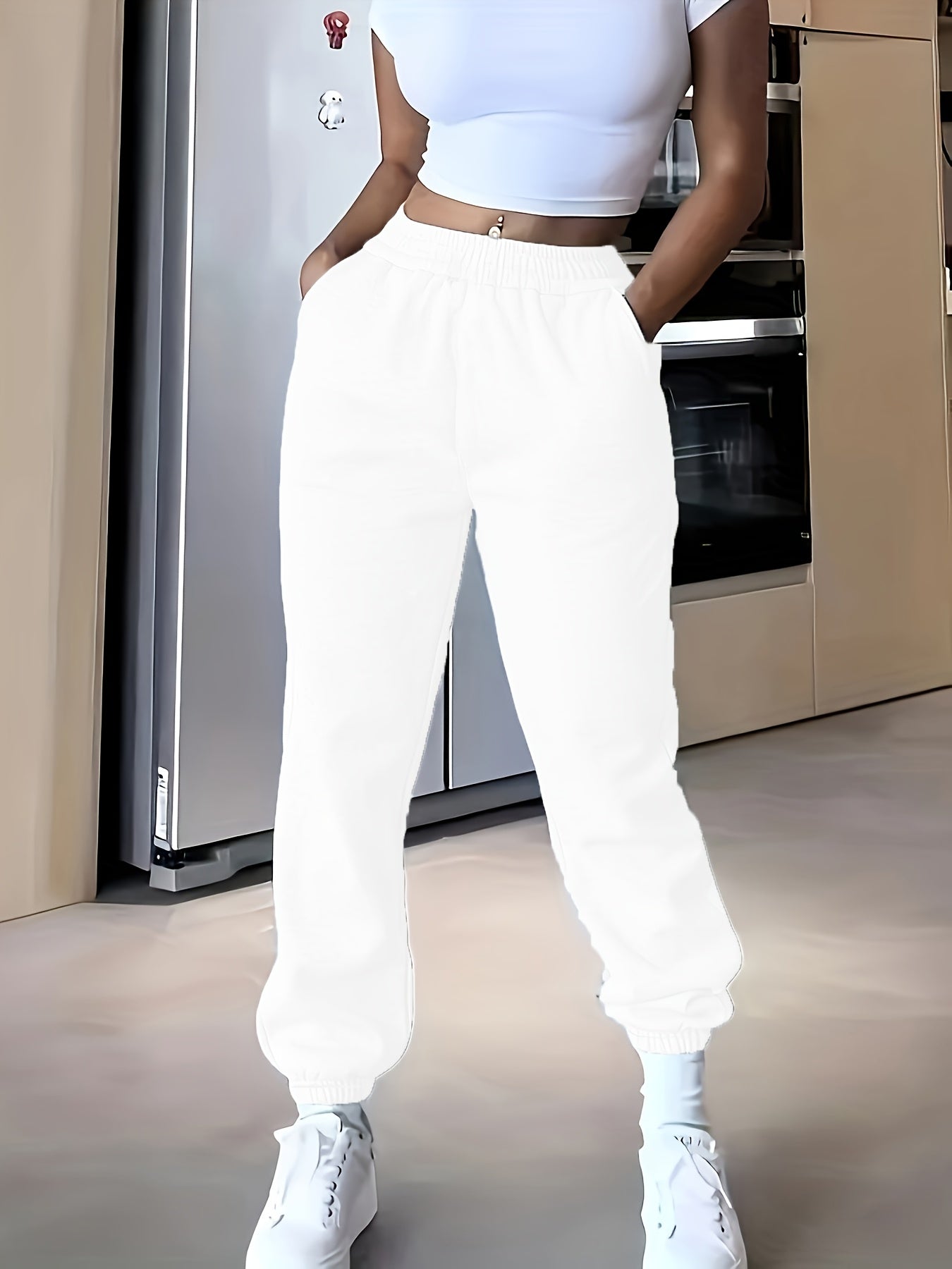 High-Waisted Elastic Jogger Pants for Women - 100% Polyester Casual Style Solid Color Trousers for Spring/Summer/Fall