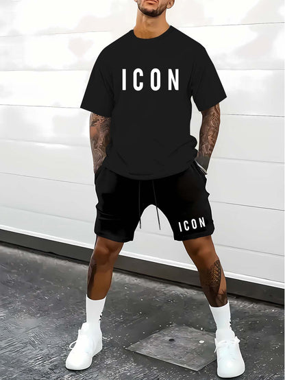 Men'S Casual Sporty Outdoor Two-Piece Set - Summer T-Shirt & Shorts with Bold "ICON" Print, Geometric Pattern, Regular Fit, Crew Neck, Light Blue & Black, Comfortable for Casual Attire, Leisure Clothing | Bold Print Shirt | C