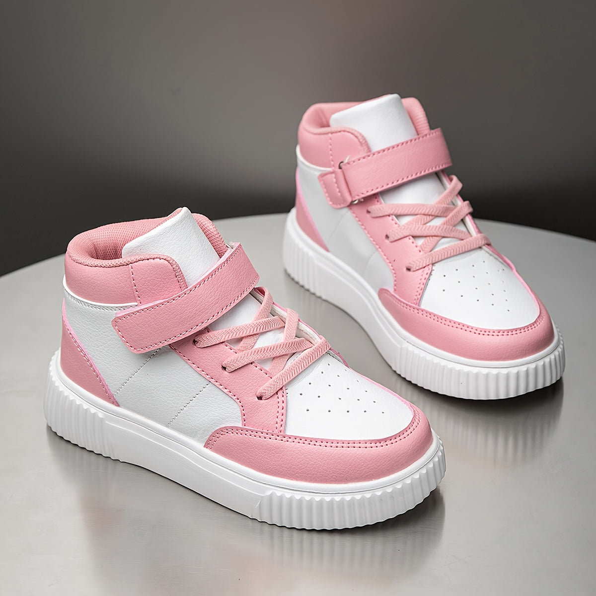 Girls' & Boys' White & Pink Checkerboard Mid-Top Sneakers - Lightweight PU Upper with EVA Sole, All-Season Comfort for School, Outdoor & Casual Wear - Easy Slip-On Design for Ages 14 & Under