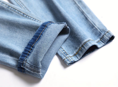 Men'S Slim-Fit Distressed Denim Jeans - Trendy Ripped Knee-Length Casual Pants, Light Blue Raw Wash, Comfortable Stretch Fabric for All-Season Wear, Everyday Fashion, Fashionforward Design, Durable Fabric Construction