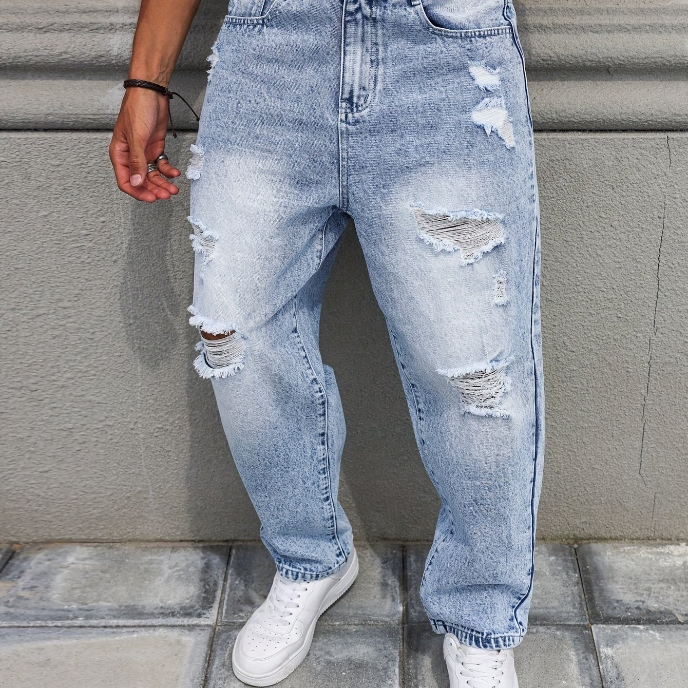 Men's Distressed Blue Denim Harem Pants - Loose Fit, Ripped Jeans with Raw Hem & Slant Pockets, Casual All-Season Wear (Belt/Accessories Not Included)