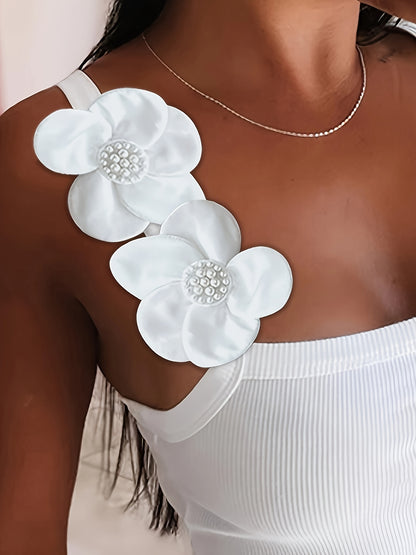 Elegant Off-Shoulder Bodycon Dress with Floral Applique - Sleek White, Ribbed Texture, Perfect for Summer Events, Adult Women'S Fashion, Event Dress | Floral Applique Dress | Ribbed Texture Fabric