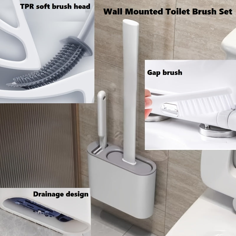 Silicone Toilet Brush with Wall-Mounted Storage Box - Flat Head Design, Suitable for Bathroom and Kitchen Cleaning, Durable Black Silicone Material, Easy to Hang Organizer