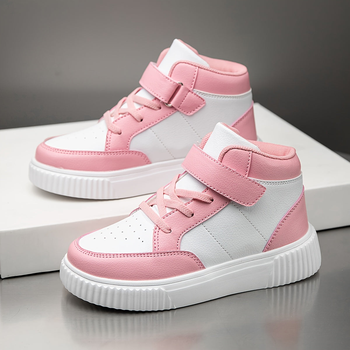 Girls' & Boys' White & Pink Checkerboard Mid-Top Sneakers - Lightweight PU Upper with EVA Sole, All-Season Comfort for School, Outdoor & Casual Wear - Easy Slip-On Design for Ages 14 & Under