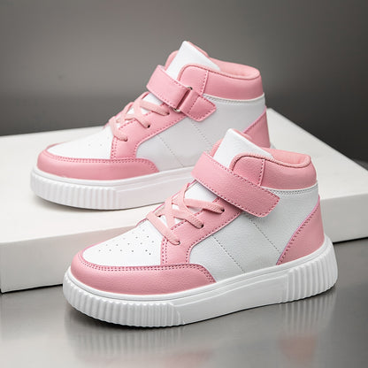 Girls' & Boys' White & Pink Checkerboard Mid-Top Sneakers - Lightweight PU Upper with EVA Sole, All-Season Comfort for School, Outdoor & Casual Wear - Easy Slip-On Design for Ages 14 & Under