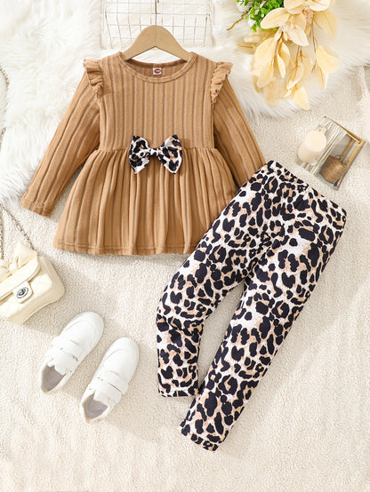 2pcs Set. Girls' Autumn and Winter Casual Outfit, Plush Ribbed Long Sleeve Top with Bow Detail, Leopard Print Pants, Perfect for Outdoor Activities and Sports Vacation as a Gift, Perfect for Outdoor