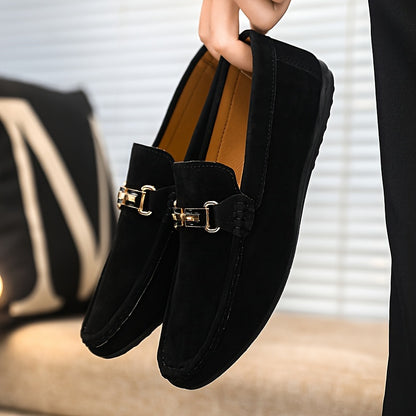 Men'S Slip-On Loafers - Black Faux Casual Shoes with Golden-Tone Buckle Straps, Round Toe & Non-Slip Rubber Sole for All-Season Comfort, Party & Casual Attire, Party Footwear, Sleek Shoe Design, Durable Footwear