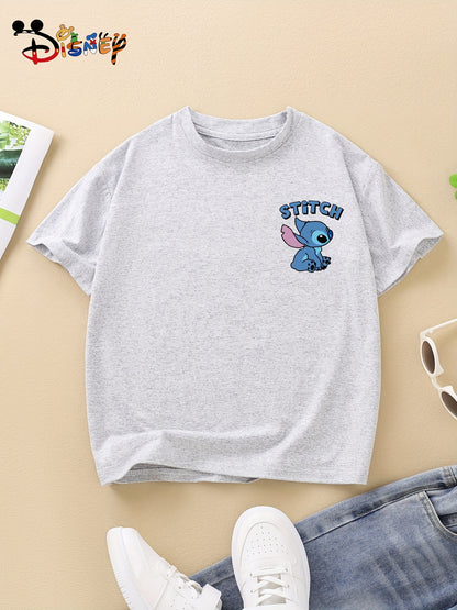 Cute Stitch Print Kids Short Sleeve Shirt 1-12Y Boys Girls Summer Outdoor Soft Fabric Breathable Top Perfect Birthday & Holiday Present