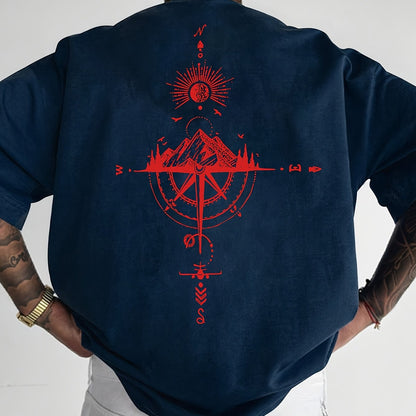 Men's Short Sleeve T-Shirt 100% Polyester Loose Fit Casual Round Neck Navy Blue with Golden Compass Rose Mountain Print - Summer Outdoor Adventure Graphic Tee, Modern Casual Top | Easy Care Clothing