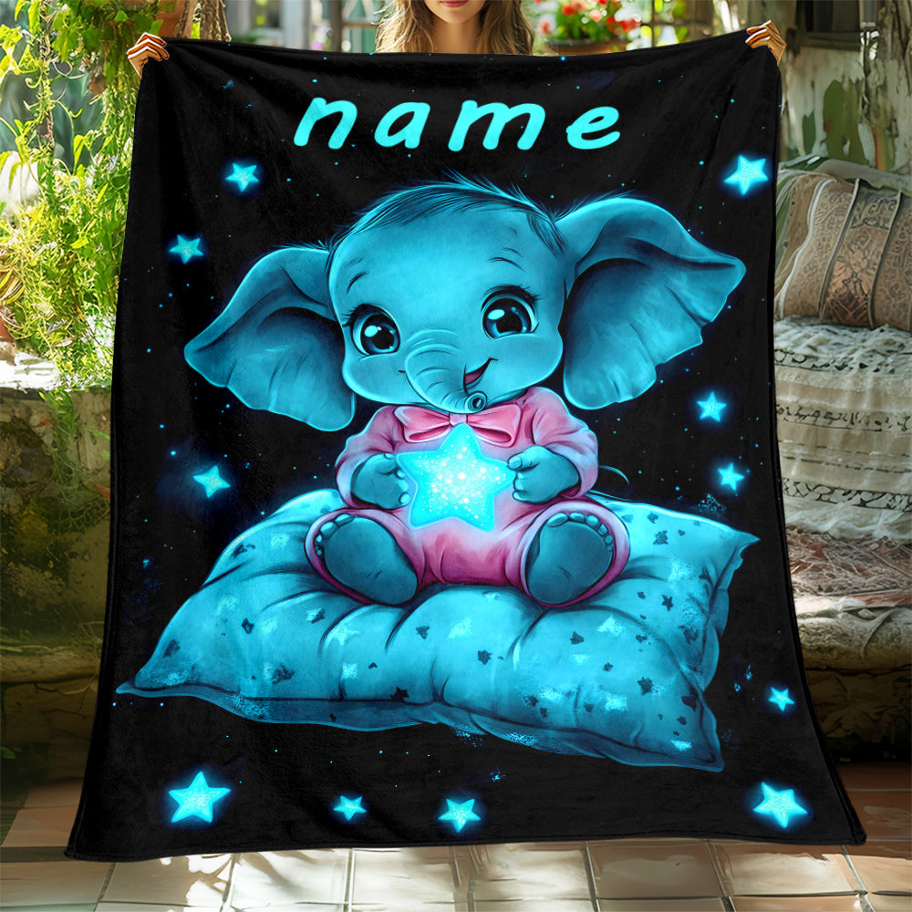 [Whimsical Charm] Personalized Name Starry Night Elephant Blanket – Soft Flannel, Lightweight & Warm – Cute Youngsters Elephant Design with Glowing Stars – Perfect for Sofa, Bed, Travel, Camping, and Gifting – 80.01x1