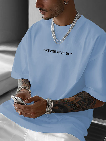 Men's "Never Give Up" Graphic Print Casual T-Shirt - Comfortable Crew Neck, Short Sleeve, Loose Fit for Spring & Summer, White Polyester Tee for Casual Attire, Casual Summer Wear | Loose Fit Top | Smooth Texture
