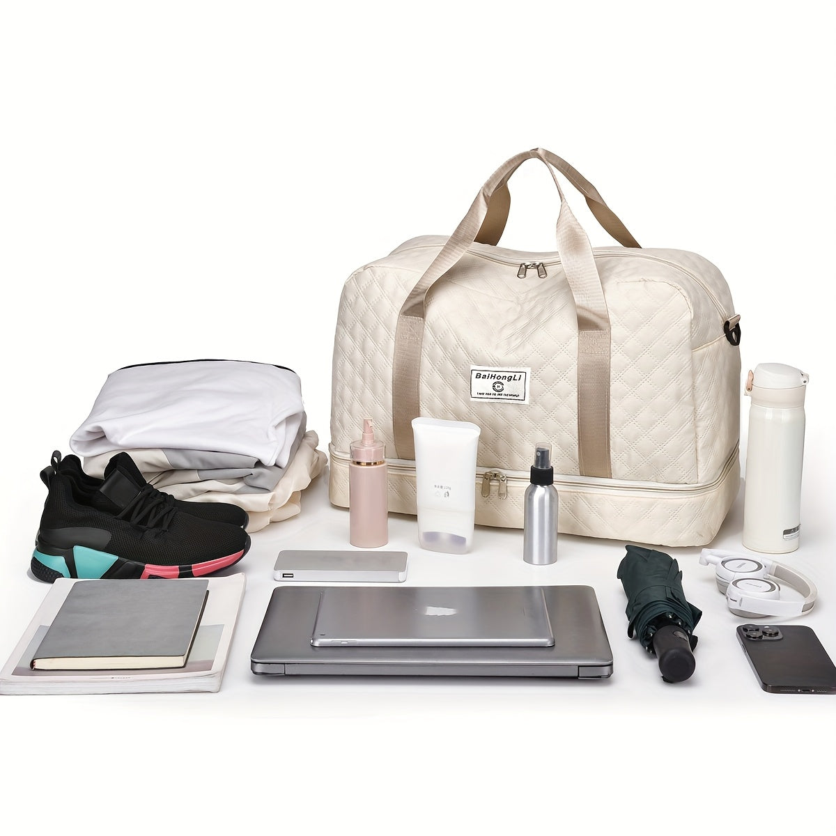 Casual Style Nylon Travel Duffel Bag, Large Capacity, Solid Color, Zipper Closure, Handheld or Shoulder Carry, with Black and Beige Options, for Outing and Weekend Trip