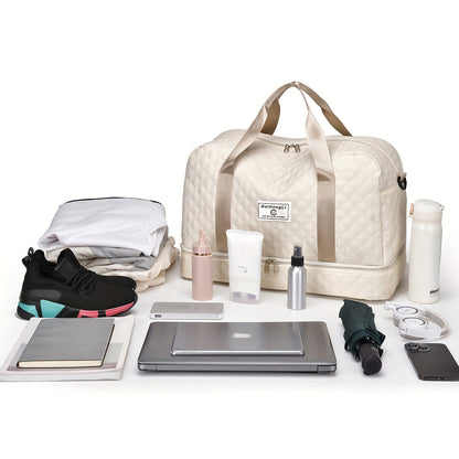 Casual Style Nylon Travel Duffel Bag, Large Capacity, Solid Color, Zipper Closure, Handheld or Shoulder Carry, with Black and Beige Options, for Outing and Weekend Trip