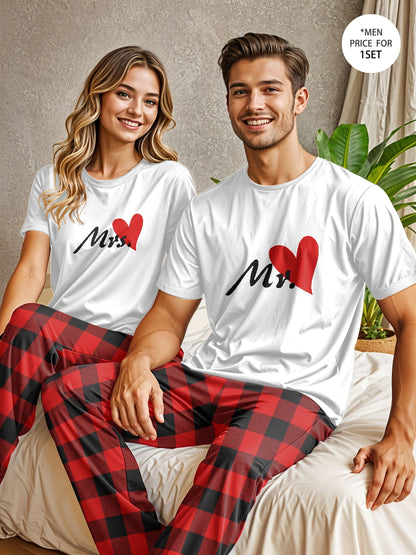 Men'S Polyester Crew Neck T-Shirt and Pants Set, Red Heart Print Tee with Red Checkered Pants, Medium Stretch Knit Fabric, Regular Fit, 97% Polyester 3% Elastane, Comfortable Home Wear