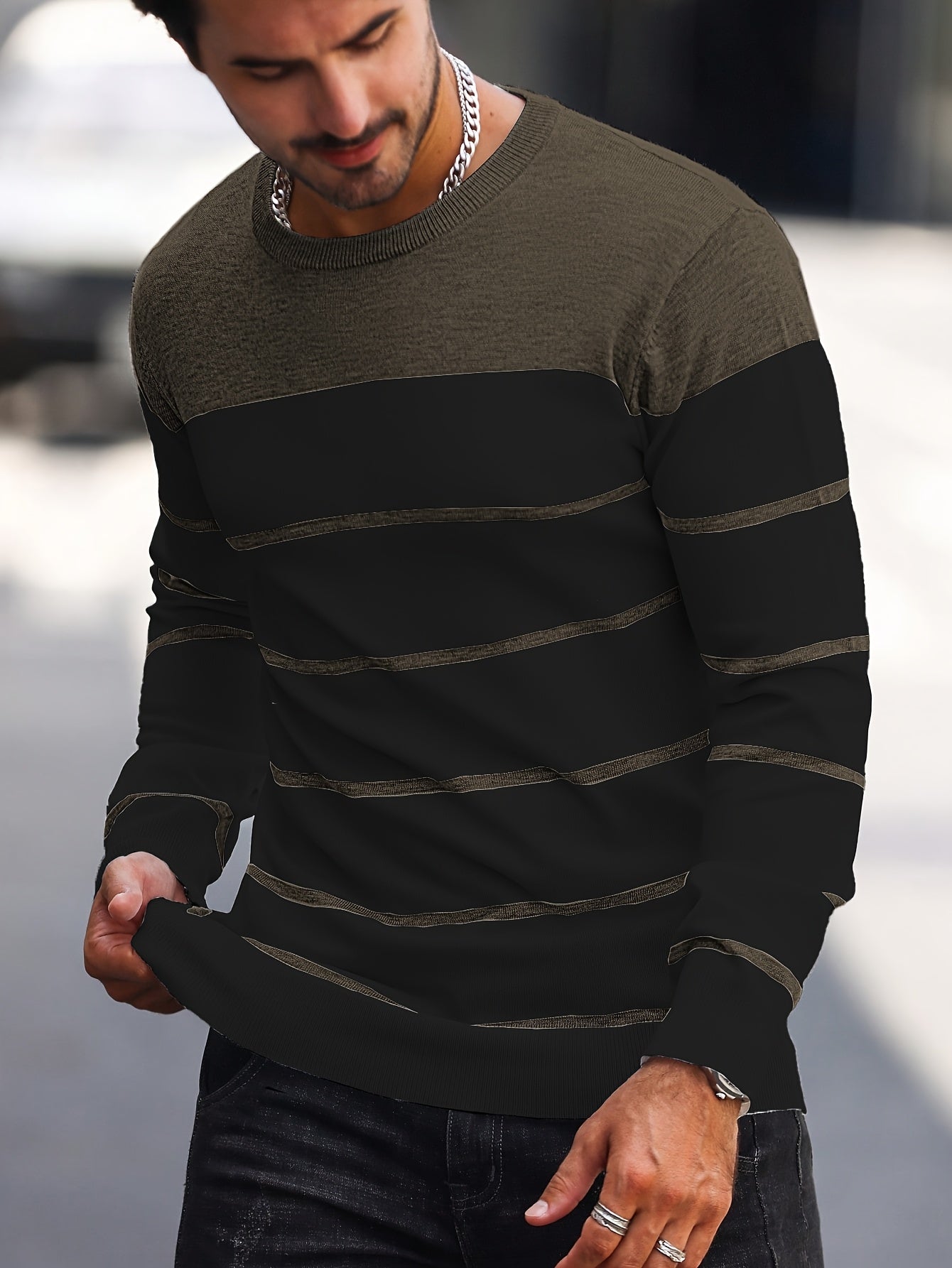 Men's Casual Striped Knit Pullover Sweater - Navy & White Contrast, Regular Fit H-Silhouette, Long Sleeve Crew Neck, Medium Stretch, Machine Washable for Spring & Fall, Mediumstretch Fabric