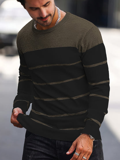 Men's Casual Striped Knit Pullover Sweater - Navy & White Contrast, Regular Fit H-Silhouette, Long Sleeve Crew Neck, Medium Stretch, Machine Washable for Spring & Fall, Mediumstretch Fabric