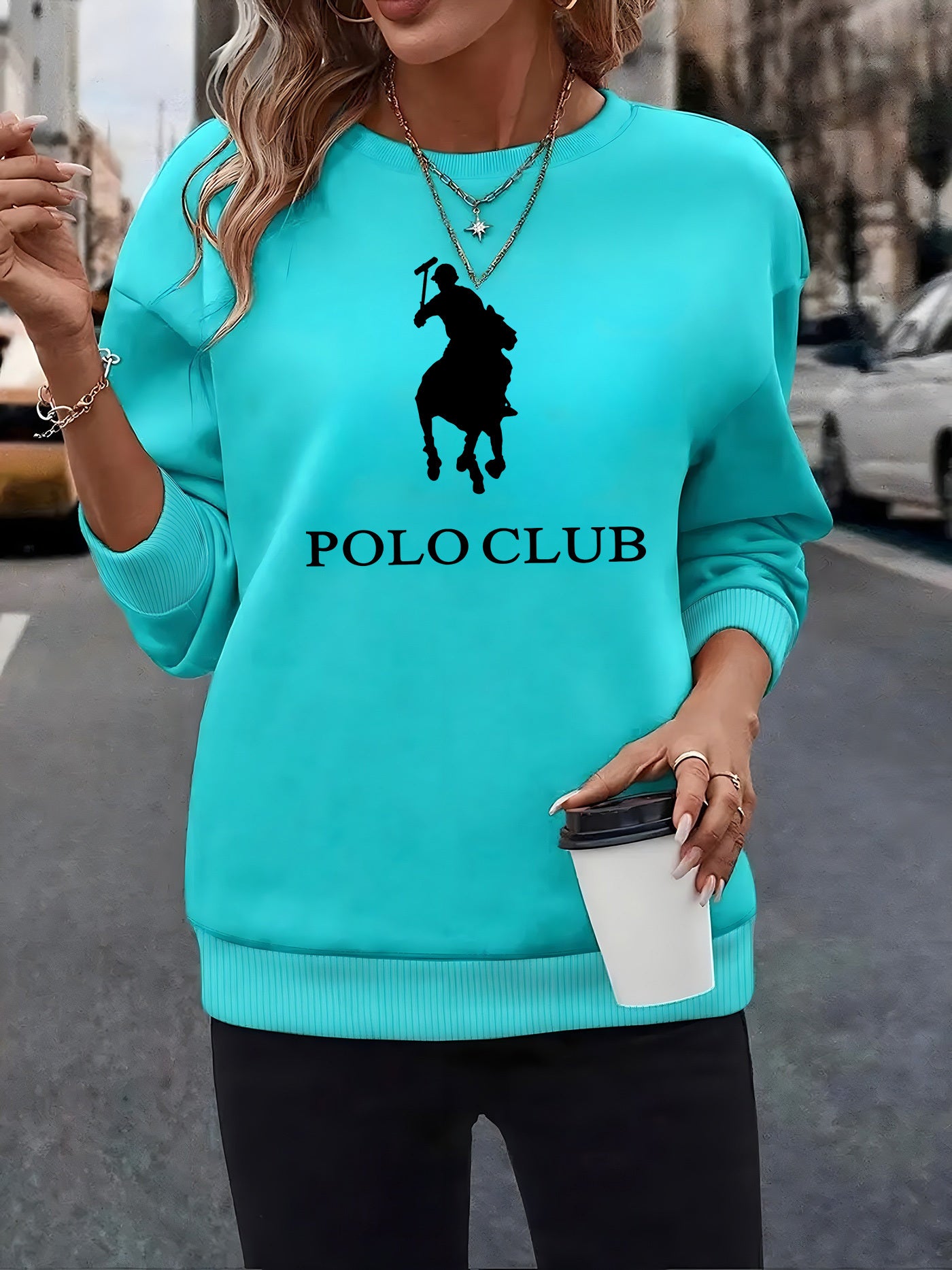 Women'S Light Blue "POLO CLUB" Graphic Sweatshirt - Cozy Fleece-Lined Crew Neck, Long Sleeve Pullover for Fall & Winter, Perfect for Home, Parties, and Travel, Casual Wear|Graphic Crewneck|Fleece Lined Sweatshirt