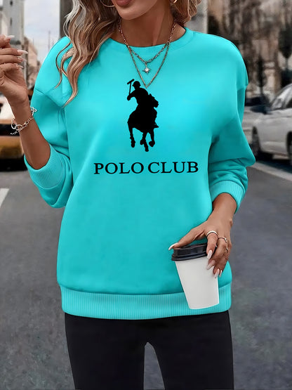 Women'S Light Blue "POLO CLUB" Graphic Sweatshirt - Cozy Fleece-Lined Crew Neck, Long Sleeve Pullover for Fall & Winter, Perfect for Home, Parties, and Travel, Casual Wear|Graphic Crewneck|Fleece Lined Sweatshirt