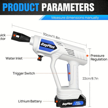 Cordless Electric Pressure Washer with 1.5Ah Battery & Fast Charger, 3000PSI High-Pressure Portable Washer, 5m Hose & 2 Water Sources (Bottles/Buckets) for Cars, SUVs, RVs, ATVs, 4X4, 4WD - Includes Nozzle & Spray Gun, Pressu
