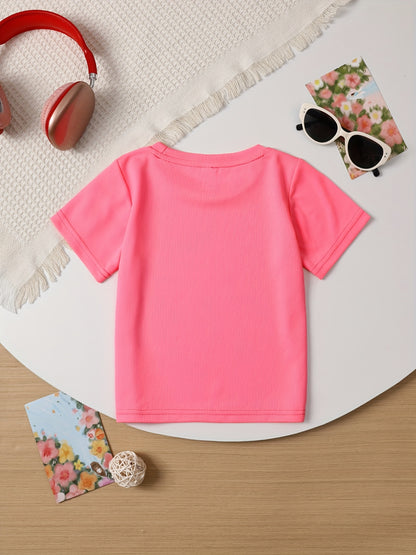 Girls' White Short Sleeve T-Shirt with Neon Green Cartoon Bear Zipper Pocket Design - Cute Streetwear Top for Spring Summer Fall, Soft Knit Round Neck Casual Playwear, Shirts for Girls, Playful Outfit, Comfortable Fit, Durabl