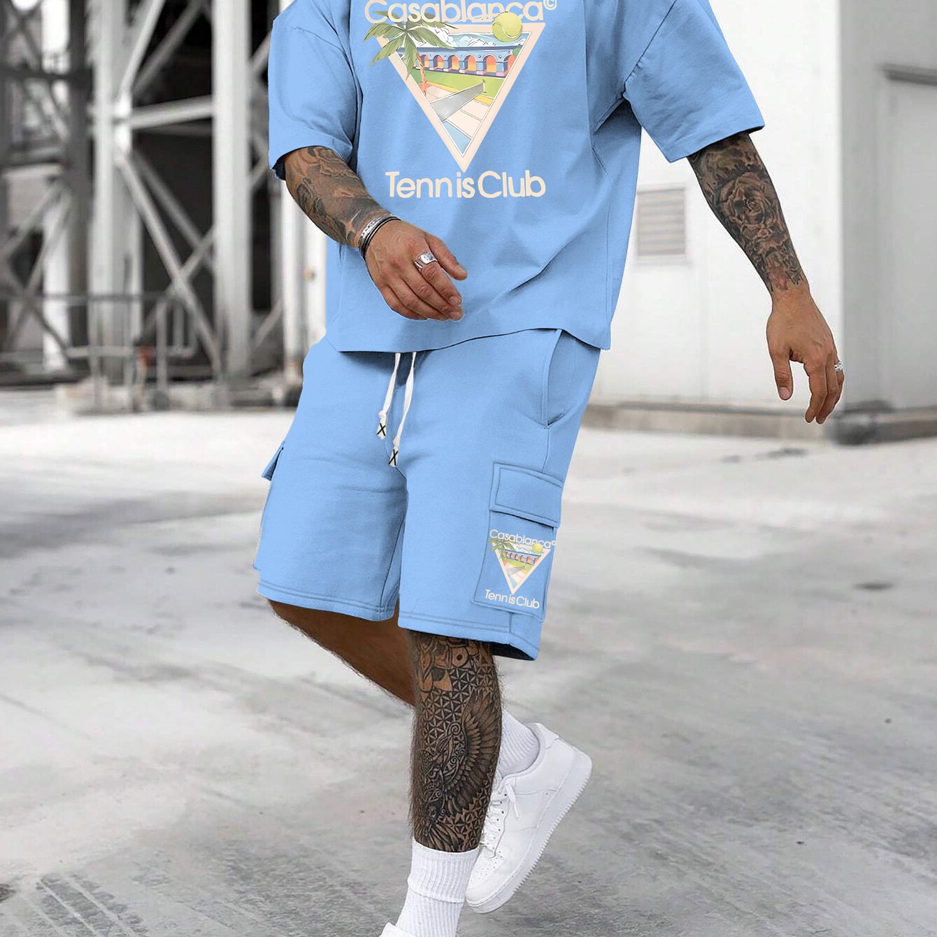 New Loose Fit Breathable Men's Crew Neck Short Sleeve T-Shirt and Workwear Style Multi-Pocket Shorts Set, Summer Casual Sportswear Two-Piece Outfit, Stylish Versatile Top and Pants for Both Men and Women