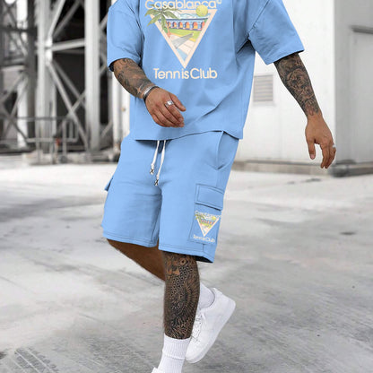 New Loose Fit Breathable Men's Crew Neck Short Sleeve T-Shirt and Workwear Style Multi-Pocket Shorts Set, Summer Casual Sportswear Two-Piece Outfit, Stylish Versatile Top and Pants for Both Men and Women