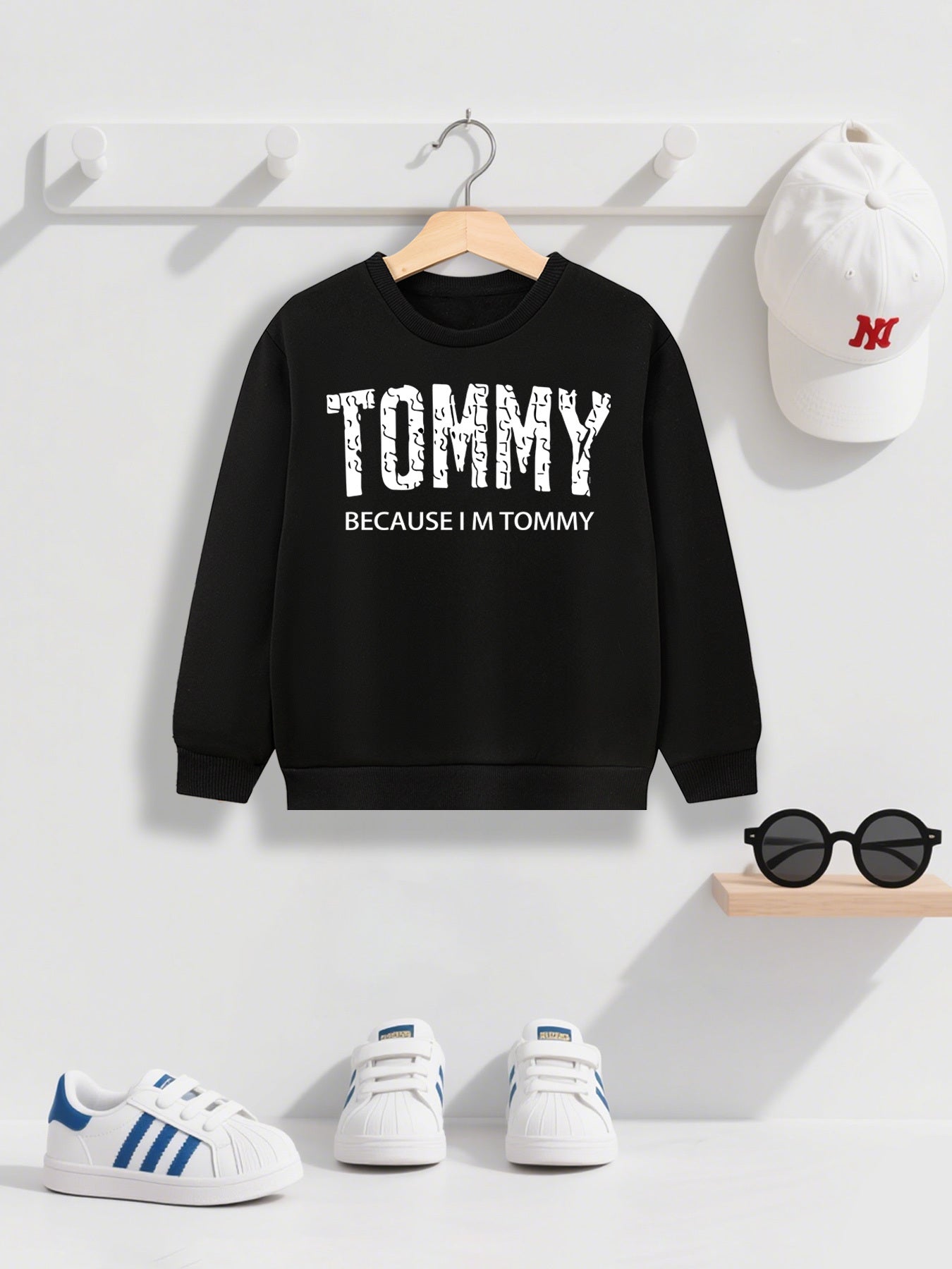 Boys' Casual Fleece-Lined Long Sleeve Sweatshirt with "TOMMY" Letter Print - Cozy Loose Fit Round Neck Pullover for Fall/Winter Outdoor Activities, 3+ Years Old, 6 Color Options, Sweater for Boy, Kids Winter Wear, Playful Kid