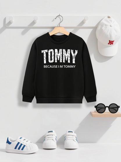Boys' Casual Fleece-Lined Long Sleeve Sweatshirt with "TOMMY" Letter Print - Cozy Loose Fit Round Neck Pullover for Fall/Winter Outdoor Activities, 3+ Years Old, 6 Color Options, Sweater for Boy, Kids Winter Wear, Playful Kid