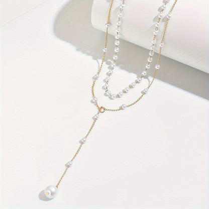 1pc Elegant Double Layer Faux Pearl Tassel Necklace - Vintage Style, Zinc Alloy, Adjustable Bead Count for Daily & Party Wear, All-Season Accessory