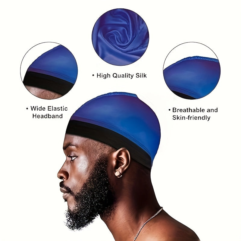 4pcs Silk-Like Fabric Dome Wave Cap for Men - Bohemian Style Non-Stretch Hair Cover, Black/Red/Grey/Blue, Hand Wash/Dry Clean, Versatile for Casual & Formal Wear, Formal Headwear, Sleek Cap Design, Silklike Material