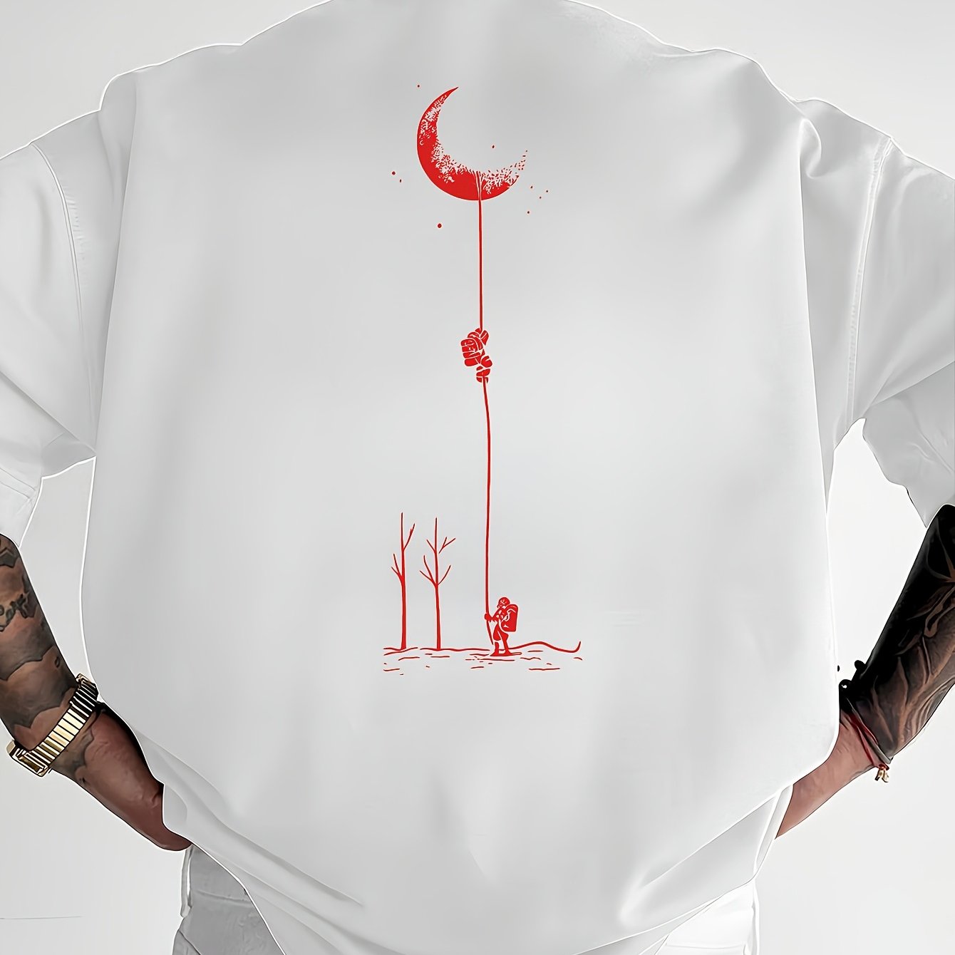 Men's Graphic Print Short Sleeve T-Shirt - Black Relaxed Fit Casual Round Neck, Durable Polyester Fabric, Machine Washable Summer Outdoor Top, Moon And Trees Design | Lightweight Clothing