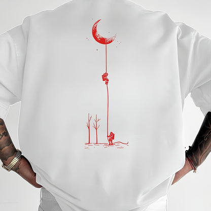 Men's Graphic Print Short Sleeve T-Shirt - Black Relaxed Fit Casual Round Neck, Durable Polyester Fabric, Machine Washable Summer Outdoor Top, Moon And Trees Design | Lightweight Clothing