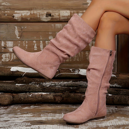 Women's solid color mid-calf ankle boots with pleated design on the boot shaft and zipper on the side. Fashionable Women's ankle boots, suitable for matching with skirts pants in autumn and winter.