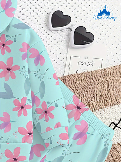 2- Piece Girls' Set with Disney Stitch Floral Cute- themed Digital Print Design, Long- sleeve Hoodie and Sweatpants Set, a Clothing Gift for Children. of Comfortable Fabric, Suitable for Autumn and Winter, Casual Sportswear S