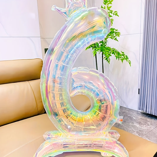 2pcs, 1pc 101.6cm transparent large digital balloon with crown and base + 1 straw, aluminum foil material, suitable for birthday party decoration, photo props, anniversary celebrations, Valentine's Day, New Year celebrations,