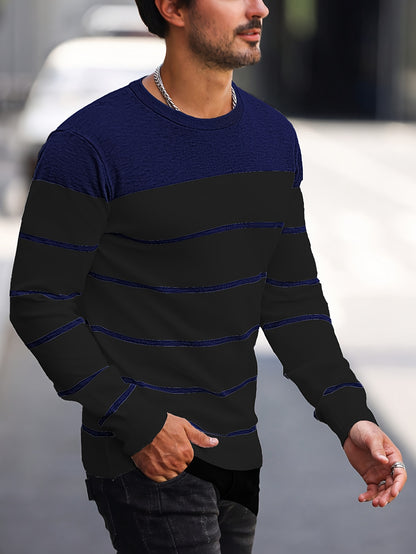 Men's Casual Striped Knit Pullover Sweater - Navy & White Contrast, Regular Fit H-Silhouette, Long Sleeve Crew Neck, Medium Stretch, Machine Washable for Spring & Fall, Mediumstretch Fabric
