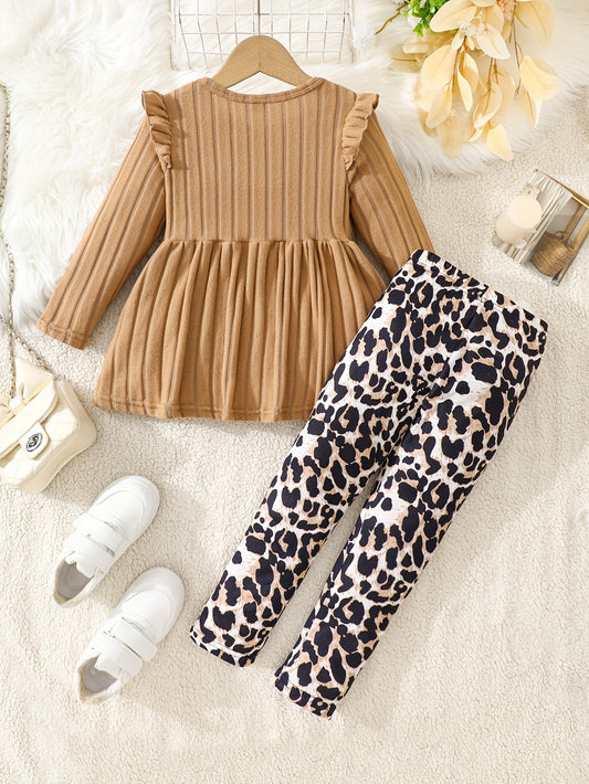 2pcs Set. Girls' Autumn and Winter Casual Outfit, Plush Ribbed Long Sleeve Top with Bow Detail, Leopard Print Pants, Perfect for Outdoor Activities and Sports Vacation as a Gift, Perfect for Outdoor