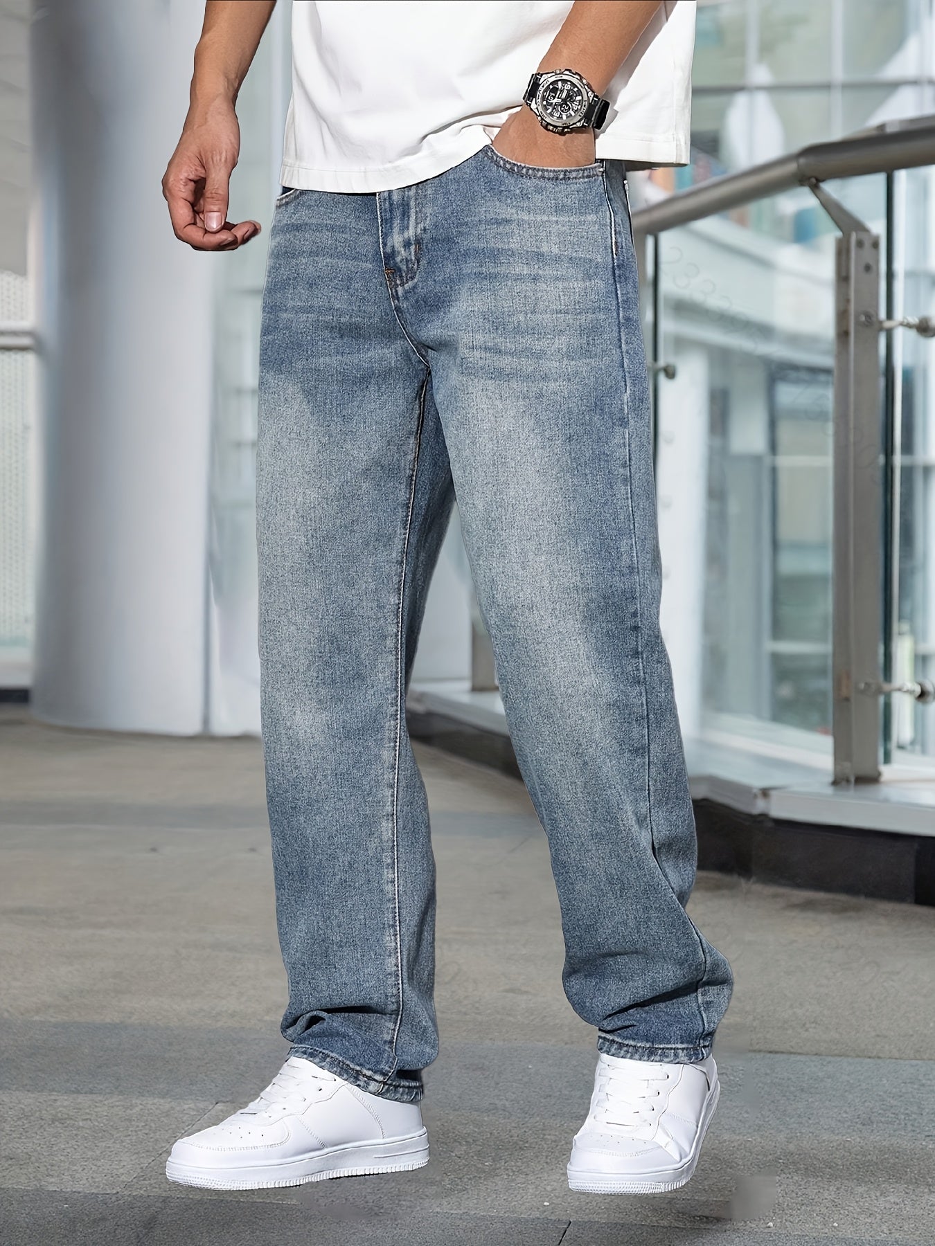 Men's Casual Stretch Denim Pants - Classic Regular Fit, Water-Washed Texture, All-Season Comfort, Machine Washable Solid Color Jeans for Casual Attire, Casual Casual Attire | Classic Blue Jeans | Easycare Jeans