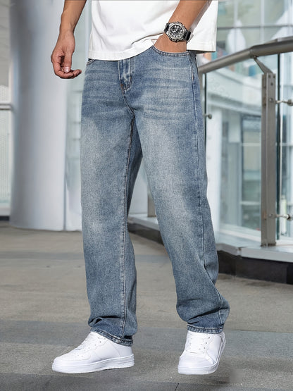 Men's Casual Stretch Denim Pants - Classic Regular Fit, Water-Washed Texture, All-Season Comfort, Machine Washable Solid Color Jeans for Casual Attire, Casual Casual Attire | Classic Blue Jeans | Easycare Jeans