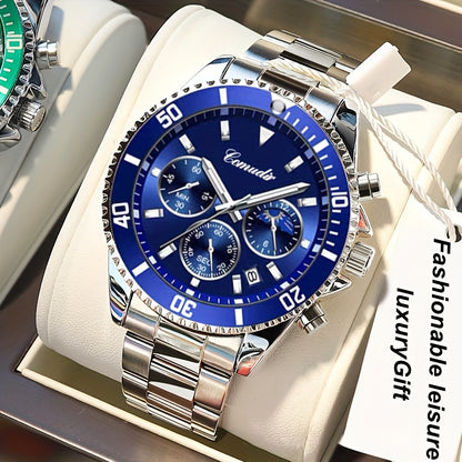 1pc New Fashion Stainless Steel Luxury Quartz Watch, High-end, Casual, Round Dial, Multi-scale, Night Light, Date Display, with Birthday, Holiday, Anniversary, for Men, Travel, Party