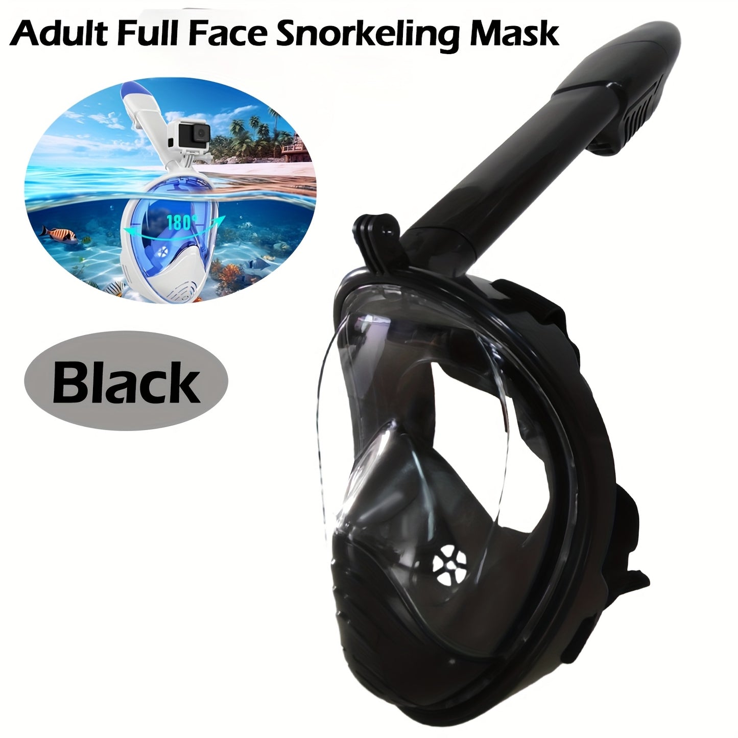 Adult Full-Face Snorkeling Mask with 180° Wide-View Panoramic Design, Detachable Camera Mount & Leakproof Seal - Black, 2 Sizes for Men & Women, Beach Vacation Gear, Durable Snorkeling Gear