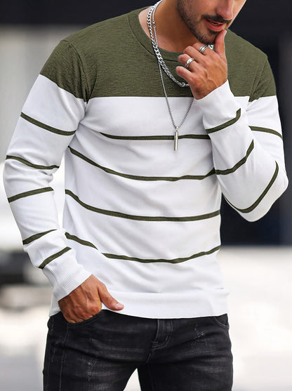 Men's Casual Striped Knit Pullover Sweater - Navy & White Contrast, Regular Fit H-Silhouette, Long Sleeve Crew Neck, Medium Stretch, Machine Washable for Spring & Fall, Mediumstretch Fabric